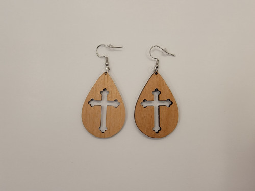 Cross Teardrop Laser Cut Alder Wood Earrings, Hook Style, Satin Finish