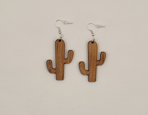 Cactus Laser Cut Alder Wood Earrings, Hook Style, Satin Finish