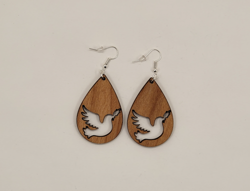 Peace Dove Laser Cut Alder Wood Earrings, Hook Style, Satin Finish