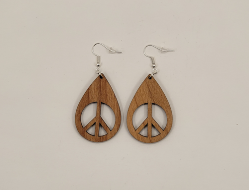 Peace Sign Teardrop Laser Cut Alder Wood Earrings, Hook Style, Satin Finish