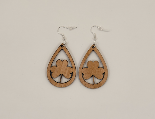 Shamrock Teardrop Laser Cut Alder Wood Earrings, Hook Style, Satin Finish