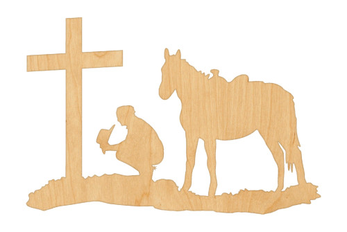 Cowboy At Cross Wood Cutout Craft Blank, Unfinished Baltic Birch DIY Shape for Crafts and Decor