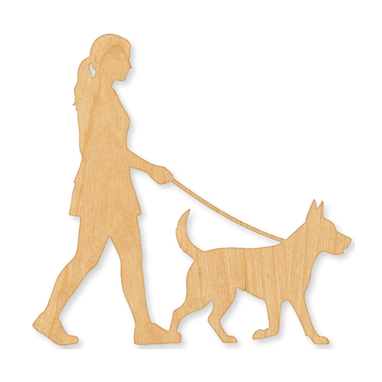 Laser cut person walking dog wood cutout, unfinished Baltic Birch craft blank