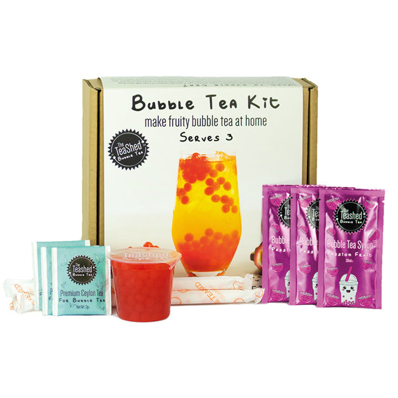 Fruity Bubble Tea Kit Gift Box 3 Servings Passion Fruit Syrup, Strawberry  Popping Boba, Tea Bags and Paper Straws Bubble Tea at Home 