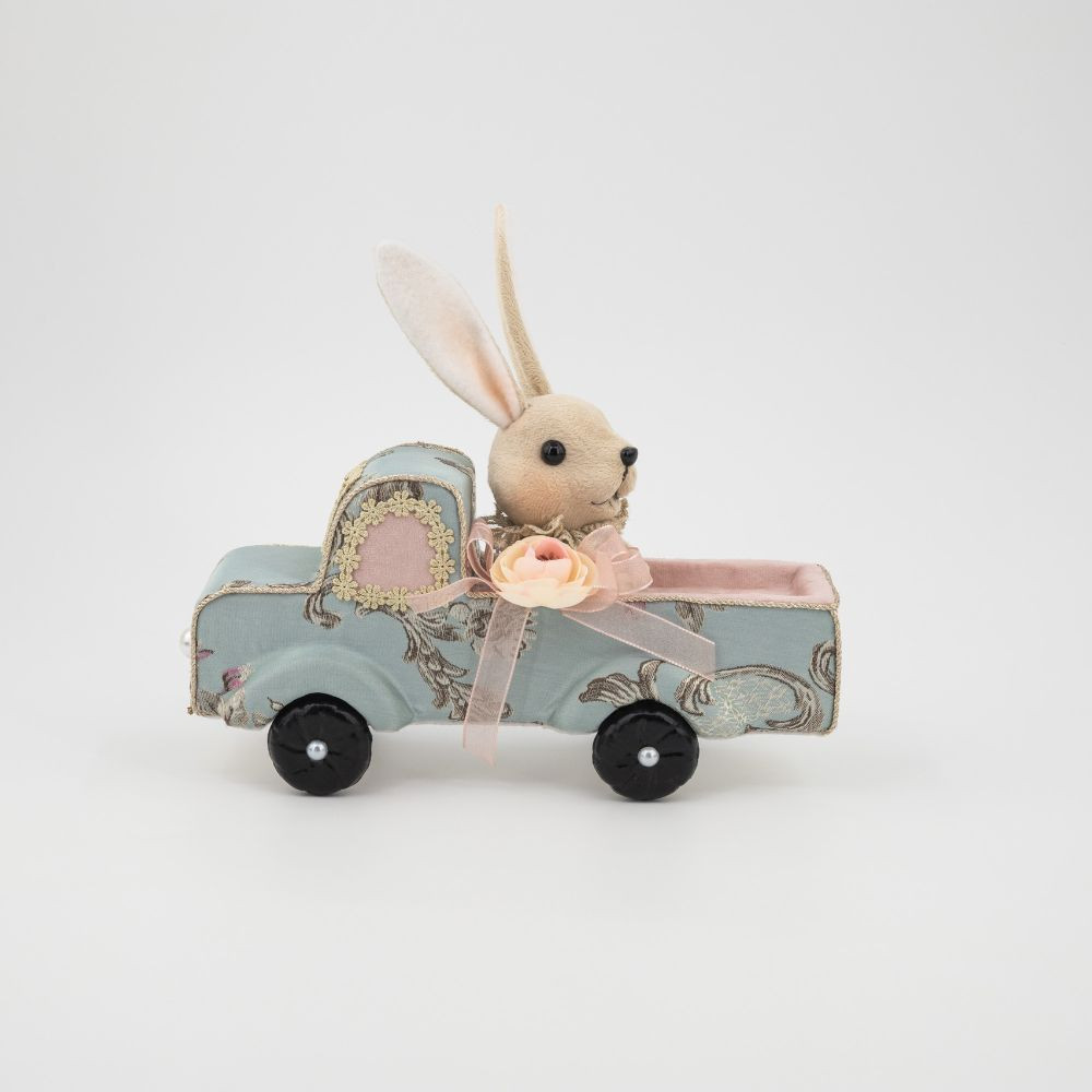 Rabbit In Blue Car Ornament - 21cm