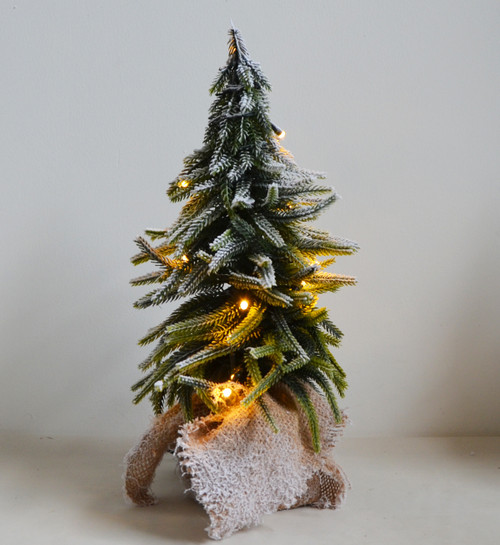 Snowy Christmas Tree with warm white lights in Hessian Bag 32cm