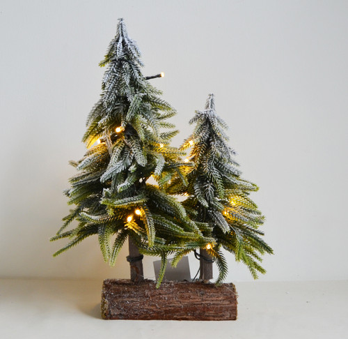 Snowy Christmas Trees on Log with Lights 35cm