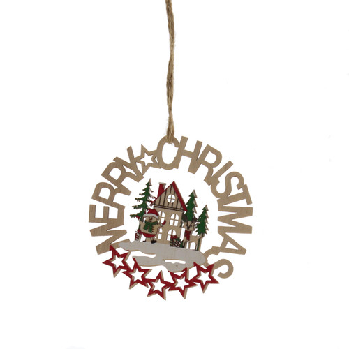 Wooden Merry Christmas Disc with House Scene - 8cm