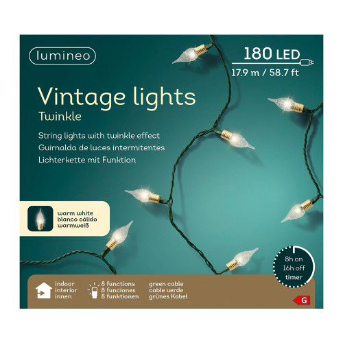 180 Lumineo Indoor LED Vintage String Lights, Warm White, Green Cable