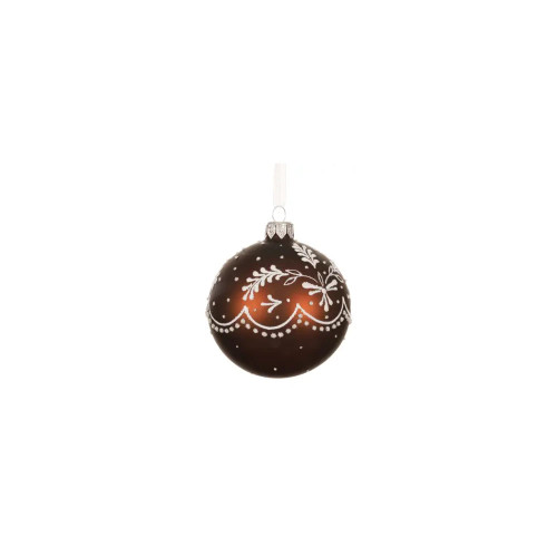 Espresso Glass Matt Bauble With Glitter Leaf Pattern - 8cm