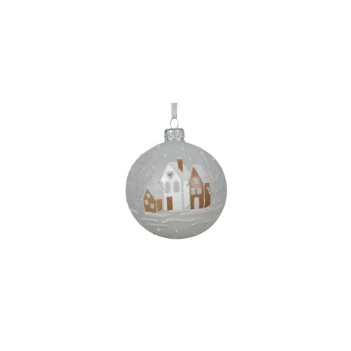 Winter White Matt House Scene Glass Bauble - 8cm