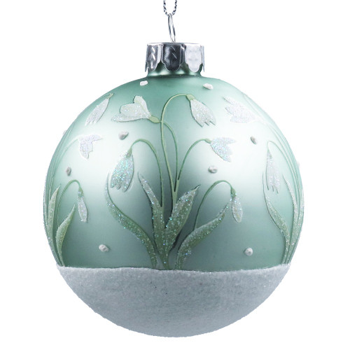 Glass Sage Green Matt Bauble - Snowdrops On Snowy Base