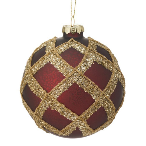 Glass Cranberry Gold Stripe Bauble - 4"