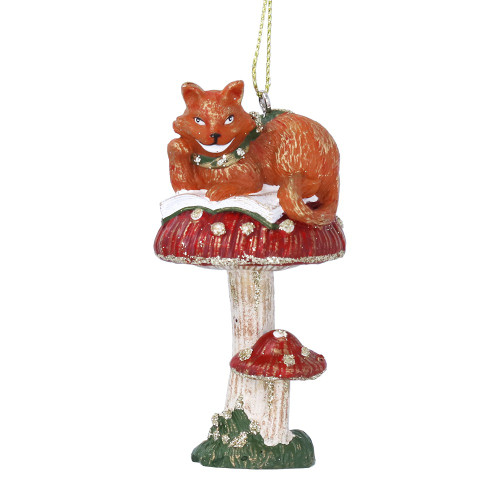 Cheshire Cat on Red Toadstool Christmas Tree Decoration - 8cm