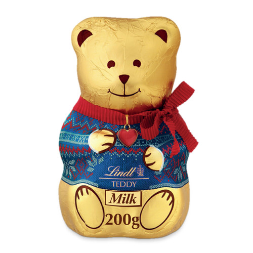 Lindt Christmas Novelty Teddy Bear With Xmas Jumper 200g Red & Blue Milk Chocolate