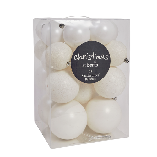 25 Mixed Size Shatterproof Baubles - White