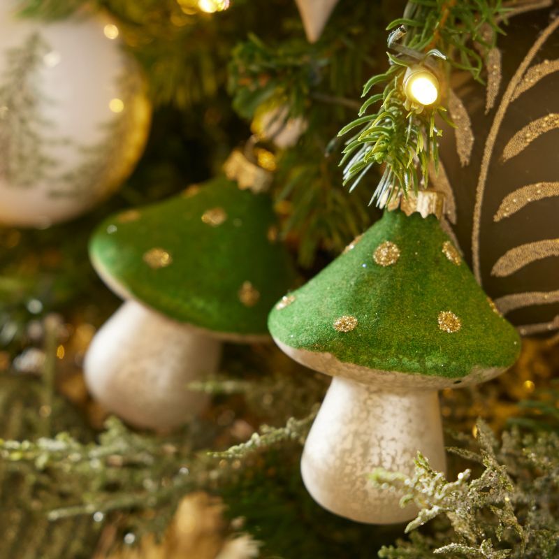 Mushroom ornaments in mossy green