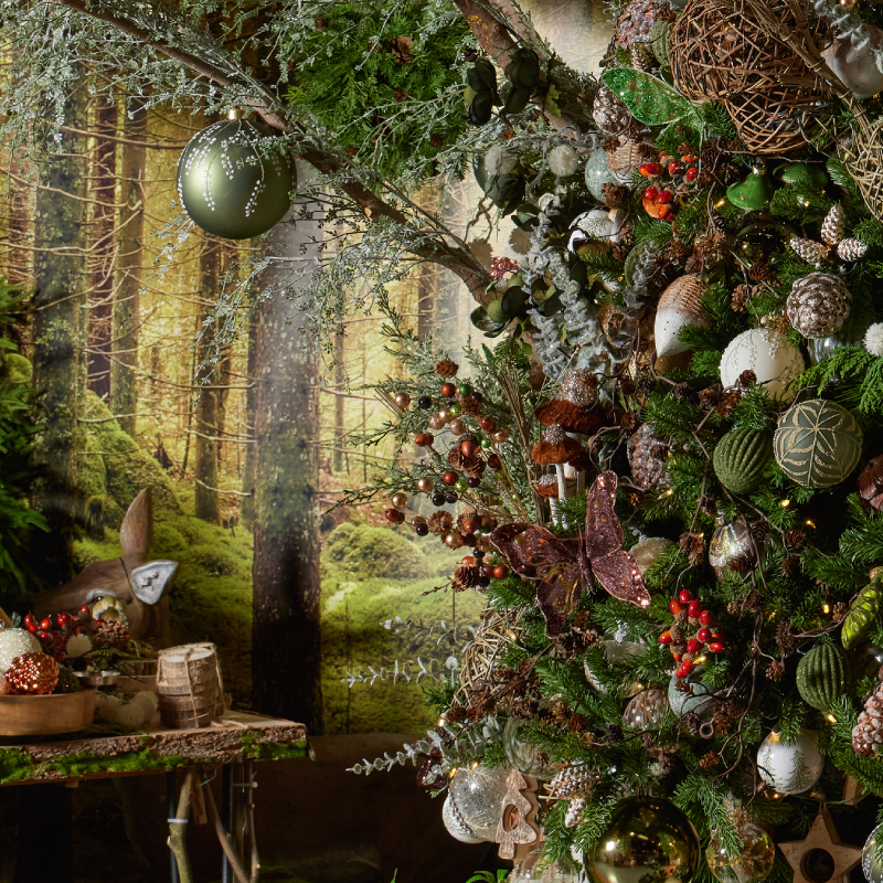 Woodland tree with berries, cones and warm metallics