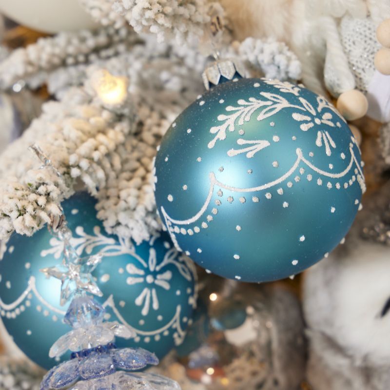 Blue baubles with white snowflake pattern