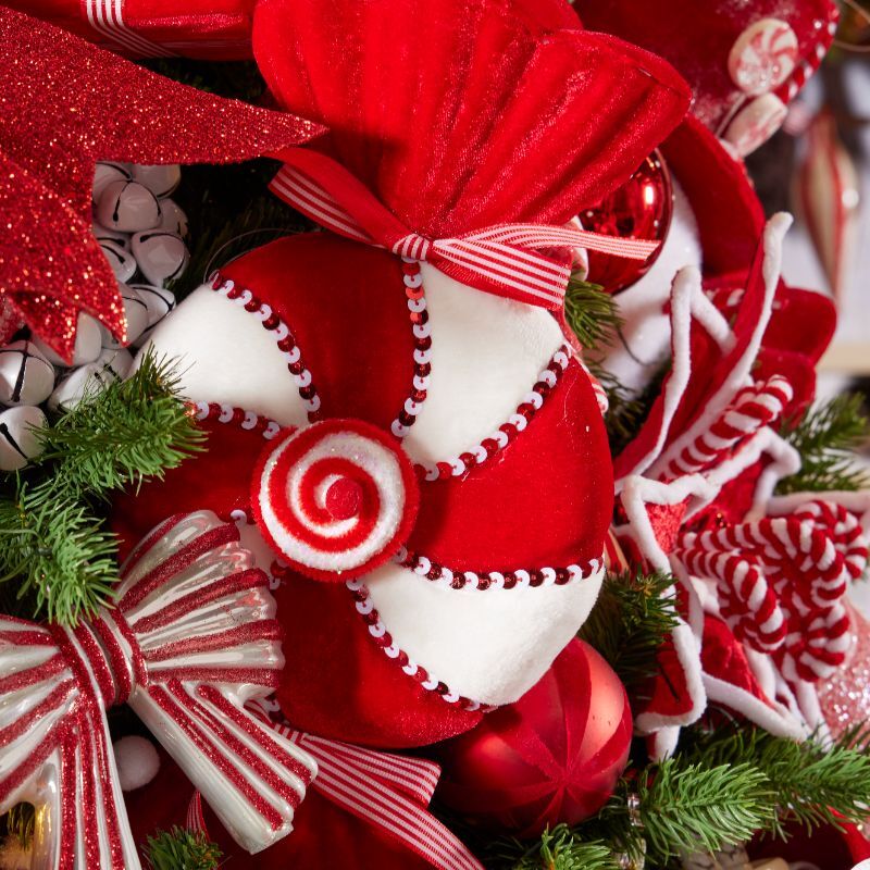 Peppermint swirl cushion ornament with striped ribbon
