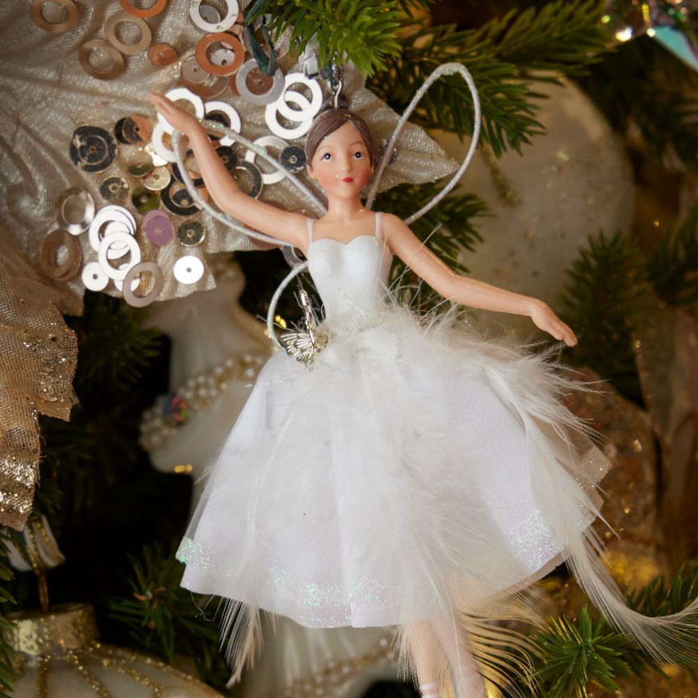 White ballerina ornament with feather dress