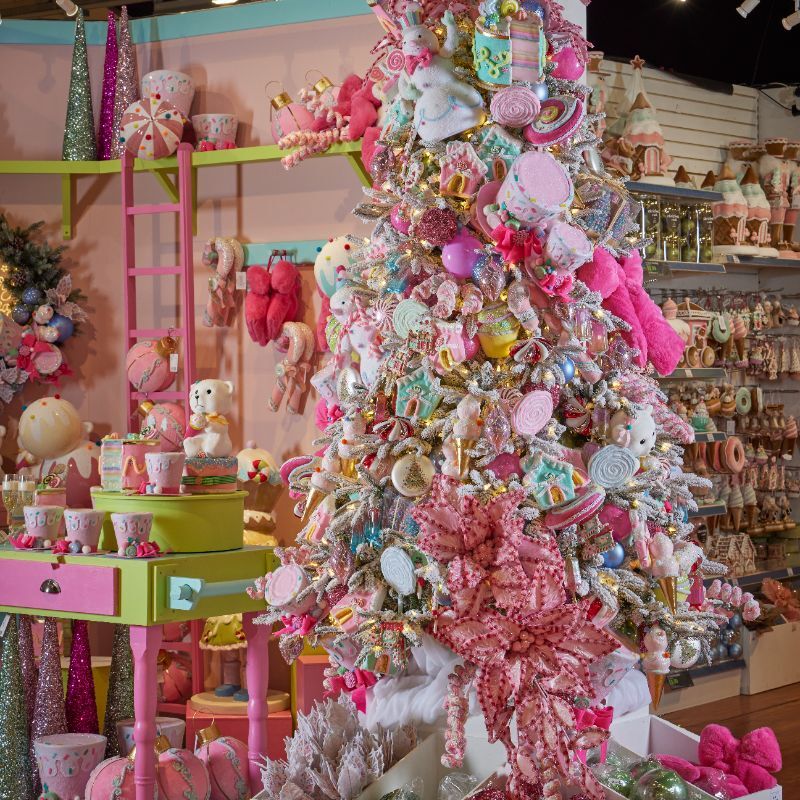 Pastel candy tree with oversized bows and ornaments