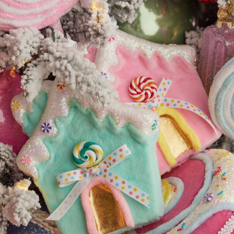 Fuzzy pastel gingerbread houses with lollipop details