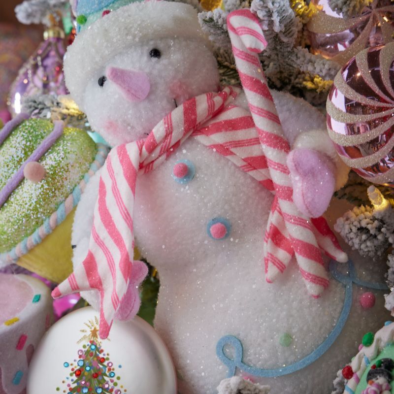 Snowman with candy cane scarf in pink and blue pastels
