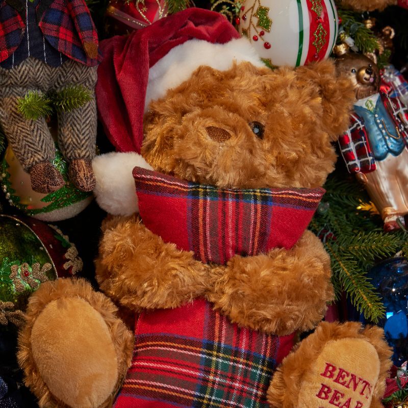 Bents bear with tartan stocking and Santa hat