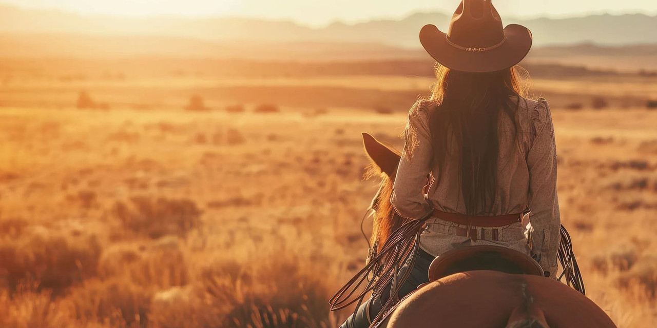 Women wearing a cowboy hat and riding a horse with a sunset desert background