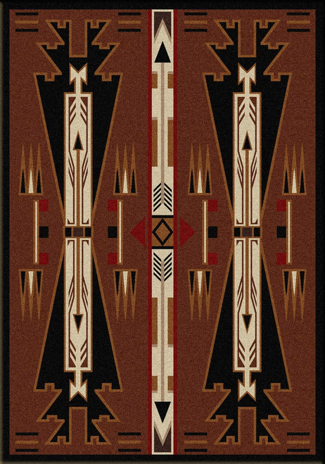 American Dakota Horse Thieves Brown rug with dark geometric figures, cream outlines and red accents