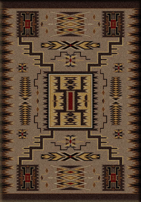 American Dakota Storm Catcher Chestnut rug with a framed geometric center and stepped lines in tan, brown and muted red