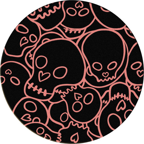 Round American Dakota Head Banger Pink rug with pink cartoon skull outlines and heart-shaped noses on black