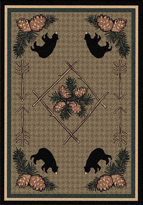 American Dakota Pine Cone Bears Green rug with black bears, pinecones and a twig diamond on muted green and tan