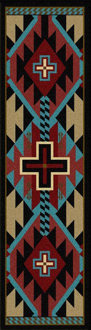 American Dakota Rustic Cross Blue runner rug with turquoise geometric details and red cross motifs