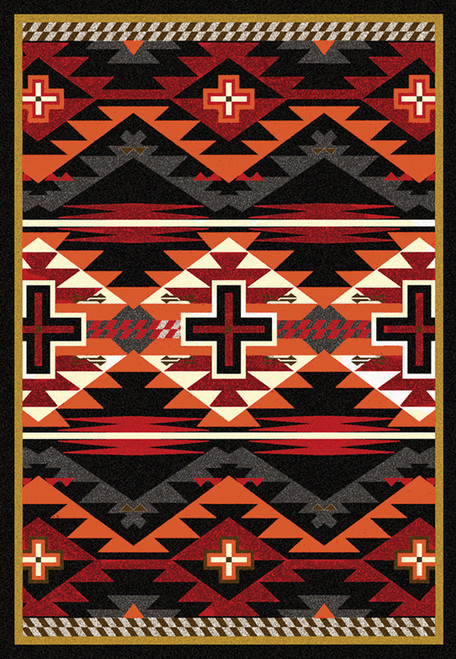 American Dakota Rustic Cross Black rug with red and cream cross motifs and stepped geometric bands