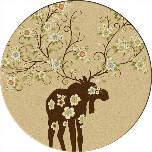 Round American Dakota Moose Blossom Natural rug with a dark moose and flowering antlers on a light neutral ground