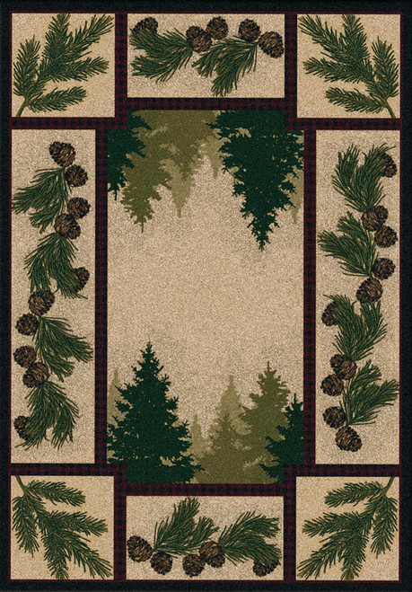 American Dakota Pine Forest Maize rug with pine trees and a paneled pinecone border on a warm neutral ground