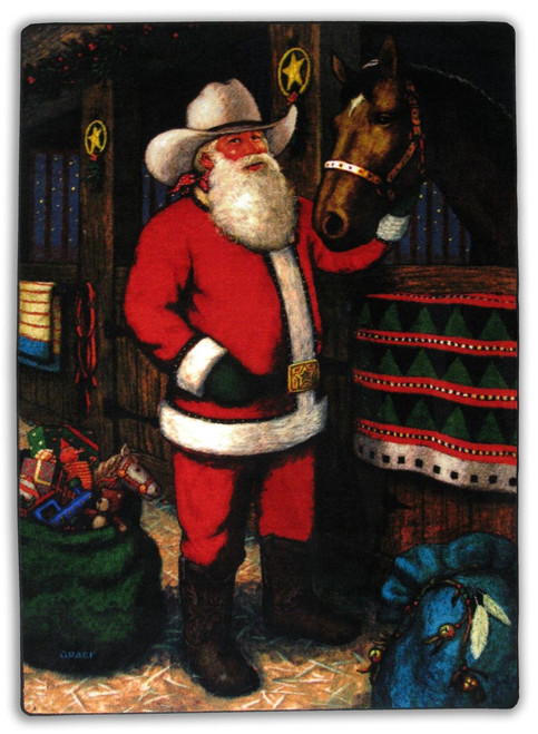 American Dakota Western Santa rug showing Santa in a cowboy hat beside a horse and patterned saddle blankets