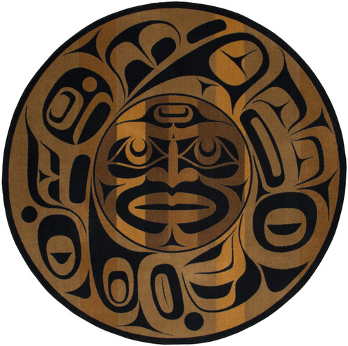 American Dakota Rande Cook Moon Mask Dark round rug with a central face and ochre curved forms on black