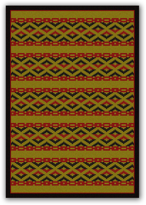 American Dakota Basket Weave Dark Chocolate rug with repeating red, green and gold diamond bands on a dark ground