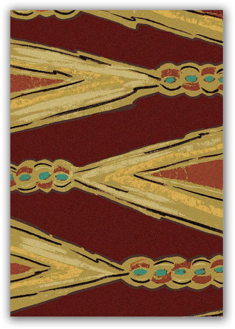 American Dakota Finger Weave Red rug with long cream-and-gold zigzags and linked multicolor circles