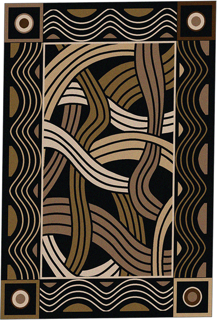 American Dakota Hand Coiled Black rug with overlapping cream and brown curved bands and a wavy border