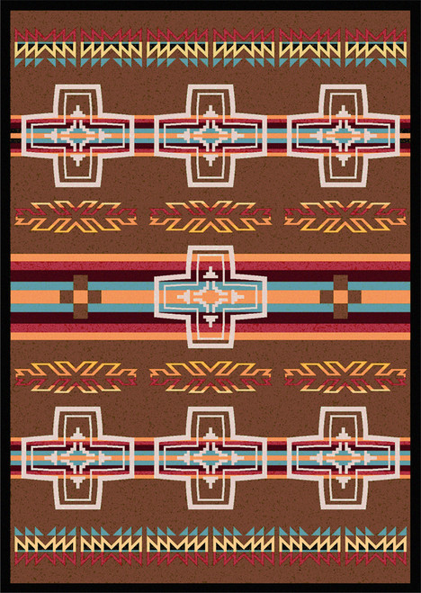 American Dakota Canyon Cross Sunset rug with outlined crosses and turquoise, gold and cream stripes on dark red-brown