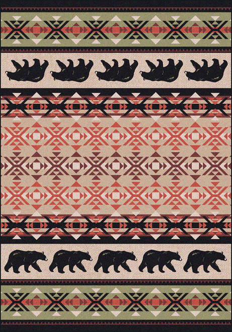 American Dakota Cozy Bears Burnt Red rug with black bear rows, red-and-cream geometry and green accents