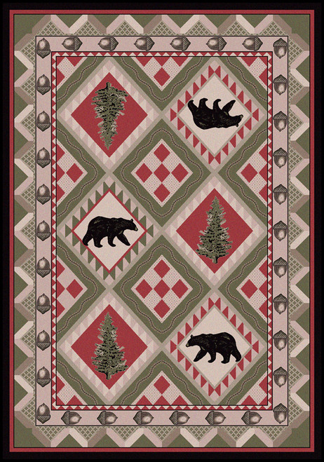 American Dakota Quilted Forest Pine rug with diamond patchwork panels of pine trees, bears and checks