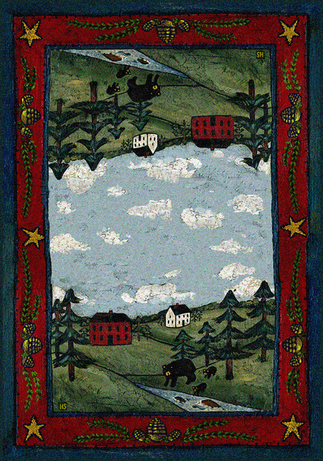 American Dakota Black Bear Creek rug with bears, pine trees and red cabins around a pale blue center