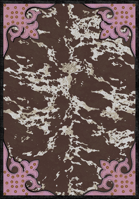 American Dakota Fancy Cowhide Brown Pink rug with brown-and-cream hide print and pink ornamental corners