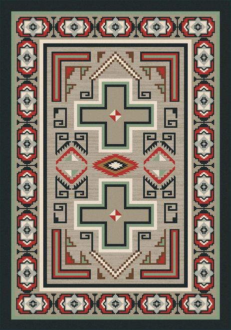 American Dakota Sawtooth Raincloud rug with outlined crosses, diamonds and a geometric border in green, cream and rust