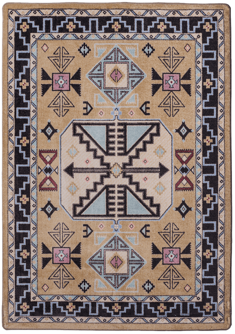 American Dakota Copper Canyon San Angelo rug with stepped black-and-cream geometry and muted colored diamonds on sand